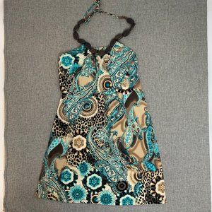 Dressbarn Beautiful Dress Teal Tan Brown Size 8 Beaded Neck Strap Paisley Floral